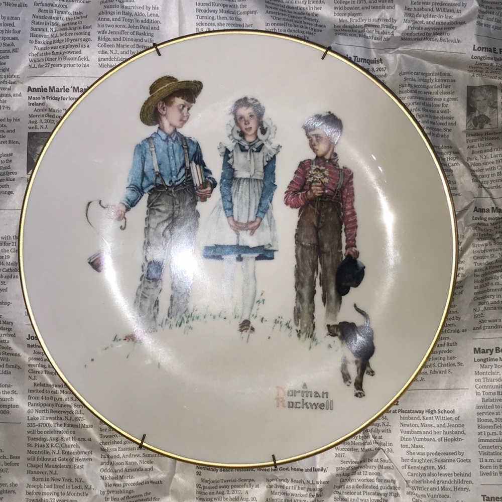 Norman Rockwell Plate with Blue, Red, Brown, White and Gold Trim